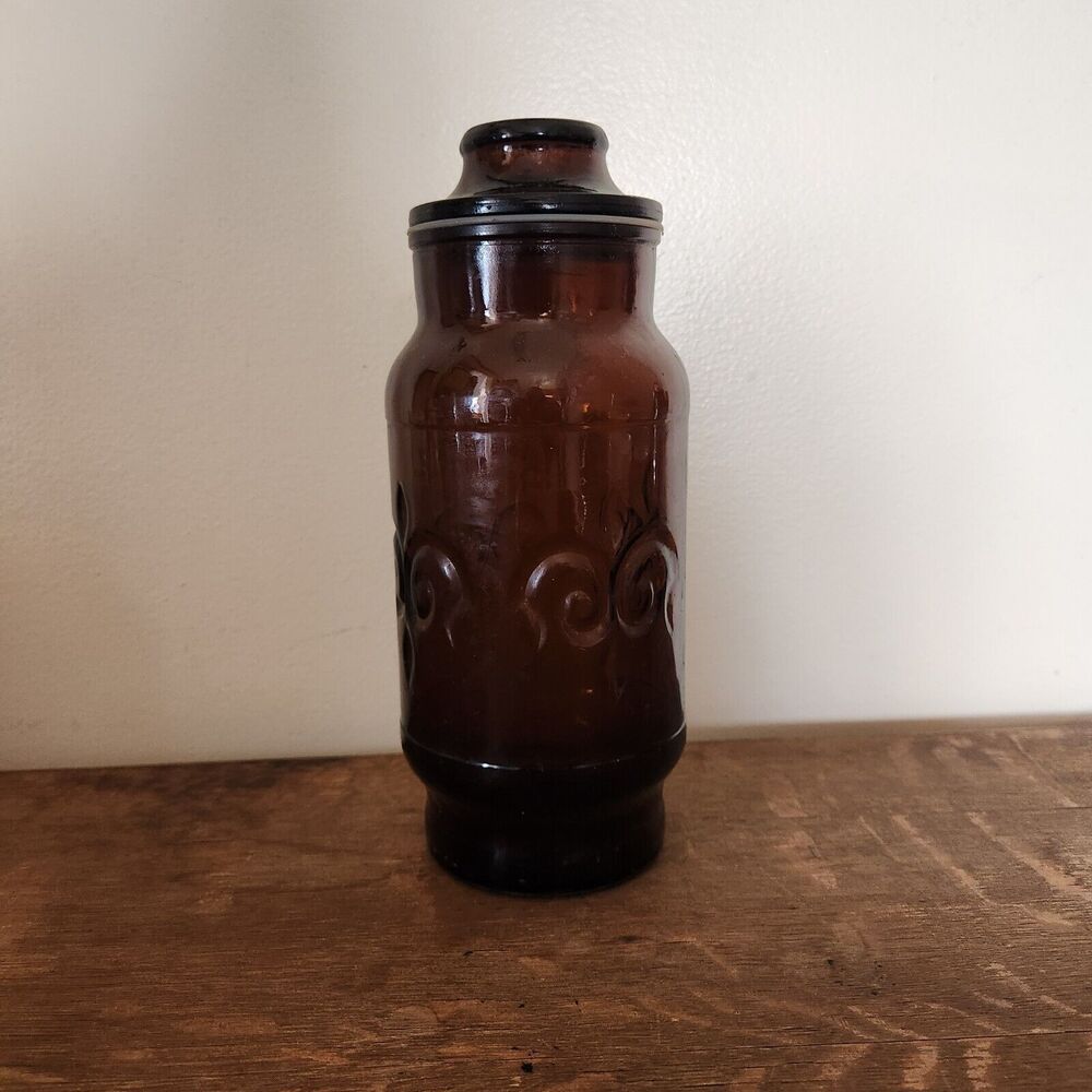 VTG 1970's Borden Cremora Amber Glass Canister Apothecary Jar Fleur-De-Lis Vase